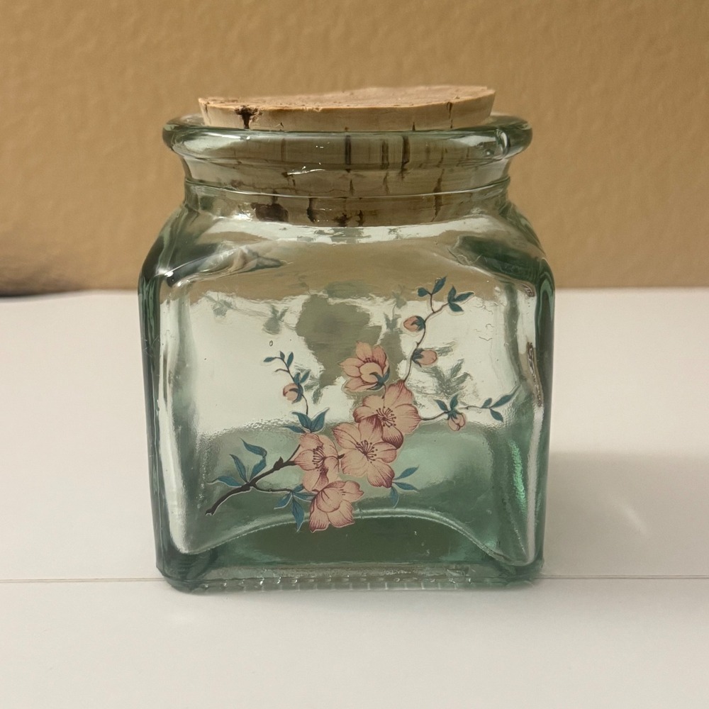 Vintage Green Glass Apothecary Jar w/Cork Lid Pink Cherry Blossom 4.5" 1990's